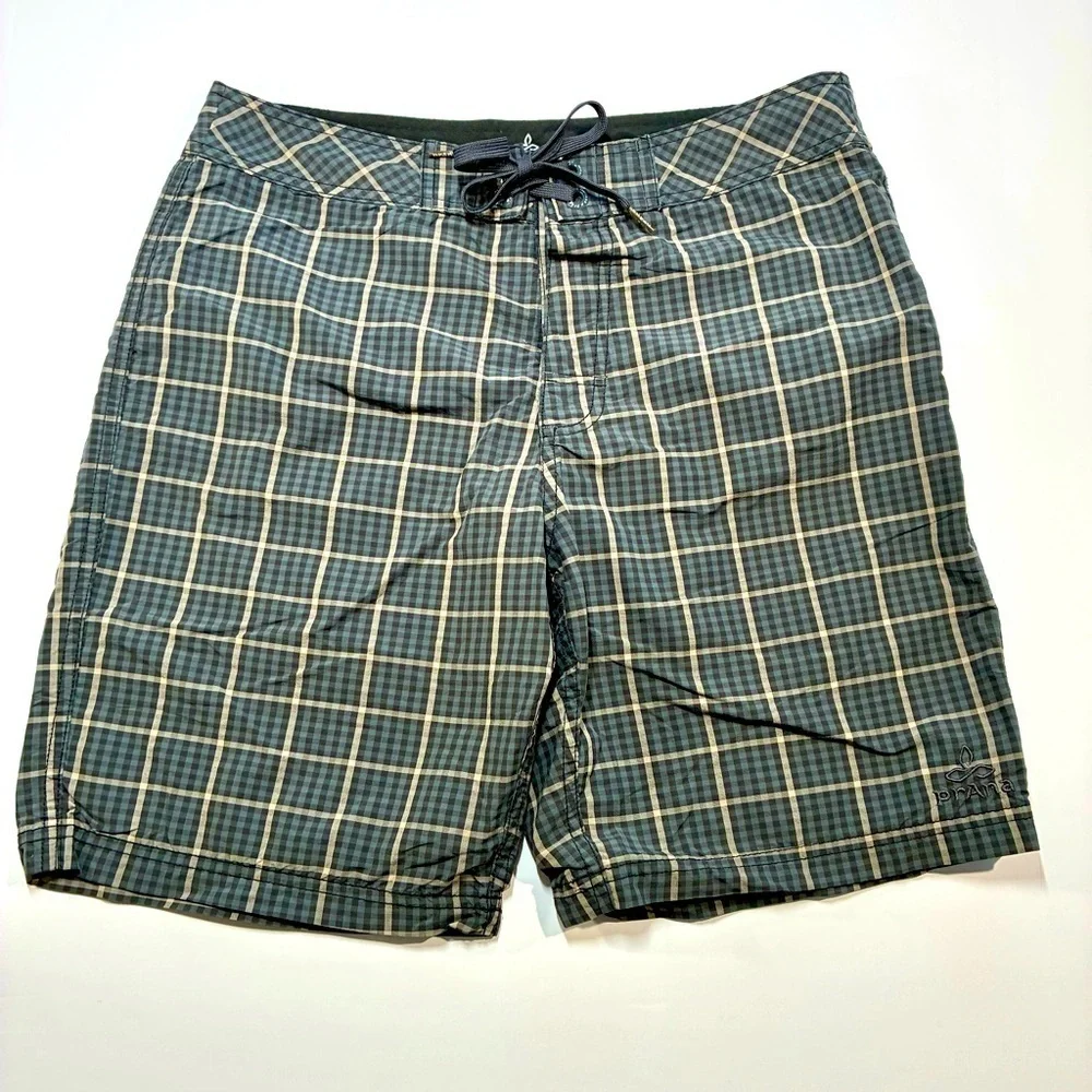 PrAna Swim Trunks Drawsting Gray Plaid Print Unlined Size 30